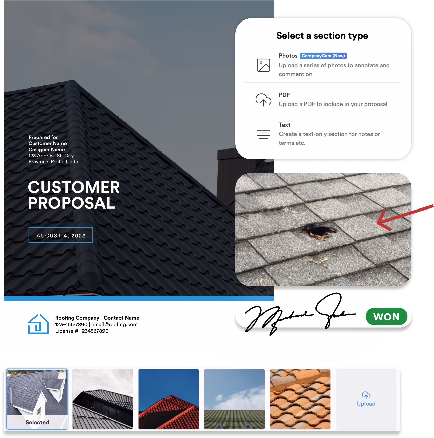 A customer proposal document with selectable section types, including photos, PDFs, and text, featuring a damaged roof image for annotation.